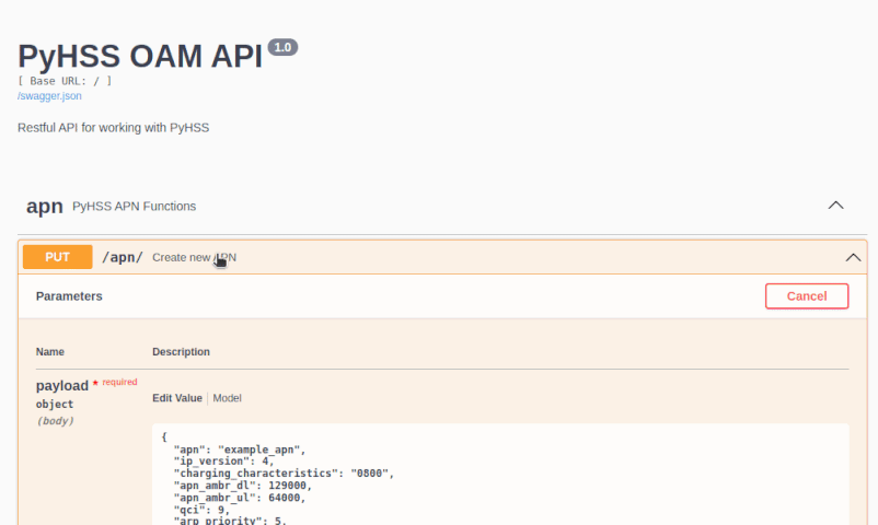 Swagger UI of the PyHSS API